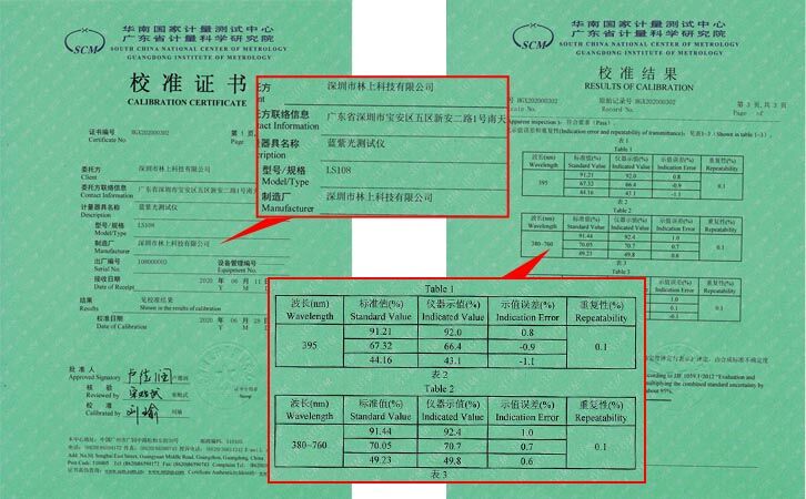 藍紫光測試儀LS108校準證書 藍紫光測試儀LS108校準證書